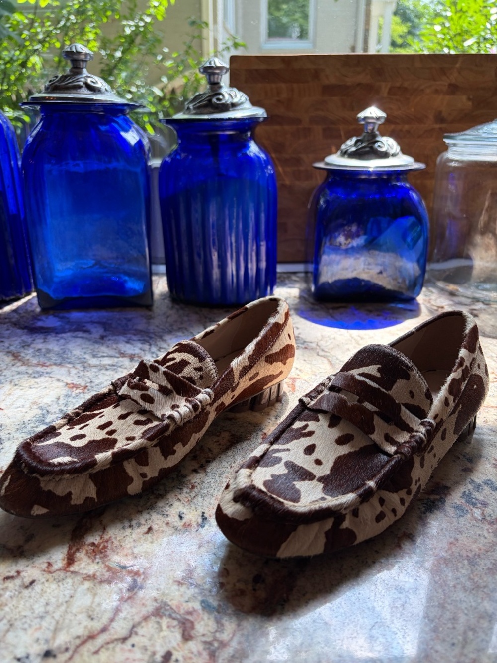 FARM RIO Cow-Print Penny Loafers in Brown and Cream